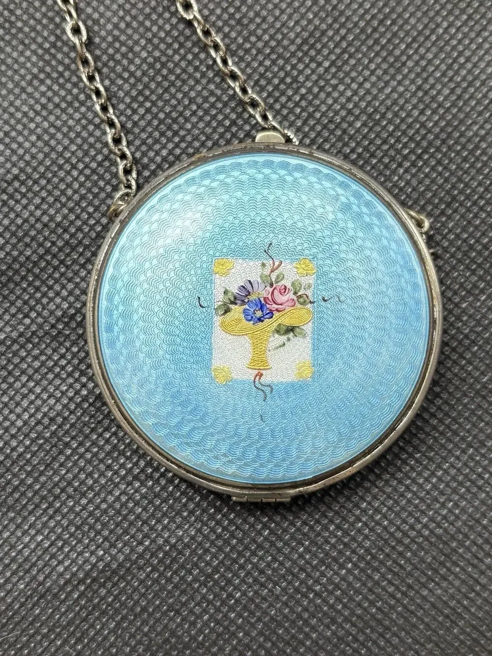 Antique Deco Blue Guilloche Enamel Floral Basket Silver Tone Compact Necklace
